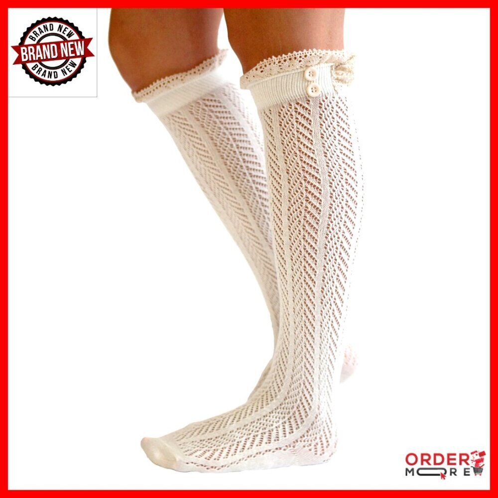 Knee-High Button Boot Socks with Lace Trim, Cotton Spandex Blend